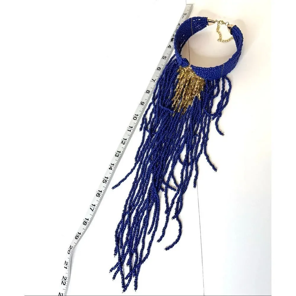 Belly Dance Blue Beaded Fringe Necklace Tribal Fusion Costume Jewelry Boho
